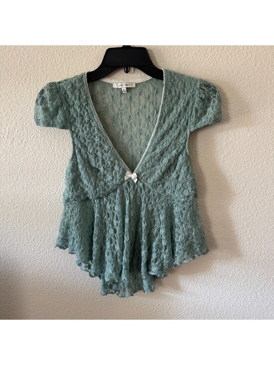 Love Tree Tops - Blue Sheer Lace V neck Babydoll Angelcore Asymmetric Top S Y2K Ethereal Coquette